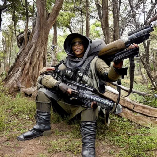 Prompt: futuristic big game hunter sitting for a photo next to his large alien creature, proud, feat, wild world, large futuristic rifle, colonial helmet, style of moebius