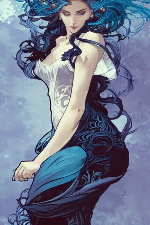 Image similar to fullbody!! dynamic action pose illustration, art by artgerm and greg rutkowski and alphonse mucha, beautiful woman with blue hair, antlers on her head, long flowing intricate black dress, dnd, face, fantasy, intricate, elegant, highly detailed, digital painting, artstation, concept art, smooth, sharp focus,