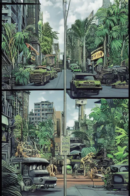 Prompt: full page comic book drawings of desolate city scenes urban jungle zoo on a hot summer evening, tropical color palette, by carel willink and gregory crewdson, comic book panels, octane render