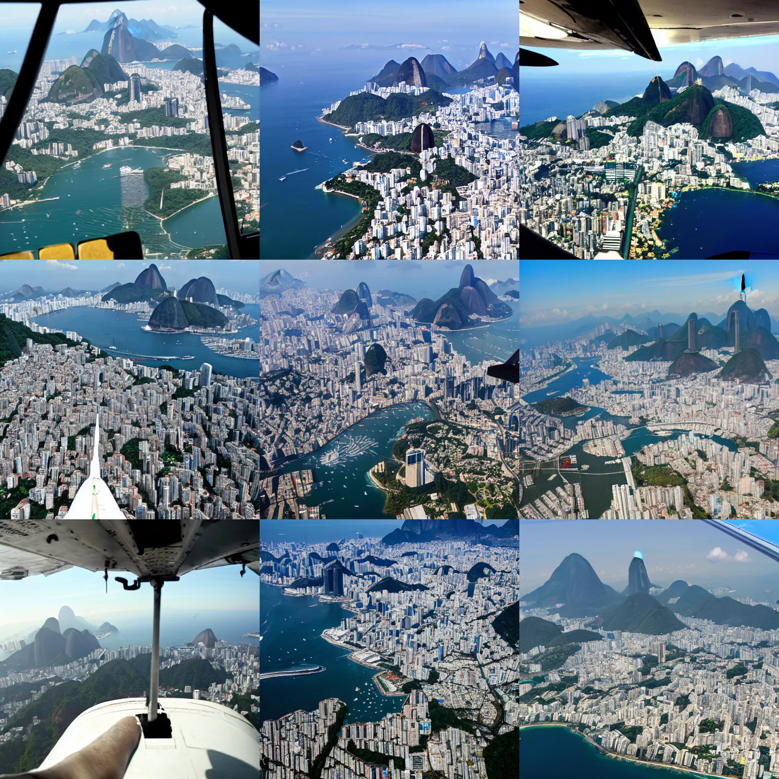 Prompt: looking at rio de janeiro from a plane cockpit fight deck, photograph
