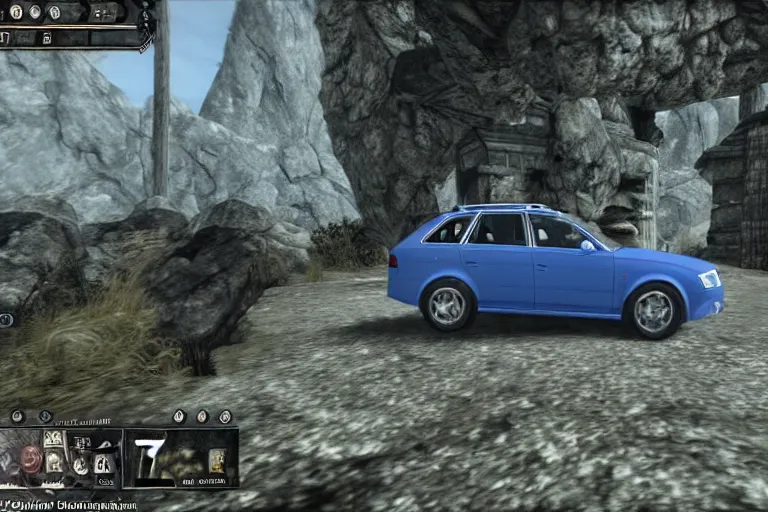 Prompt: the player fighting against a denim blue audi a 4 b 6 avant in skyrim, the elder scrolls v : skyrim gameplay footage