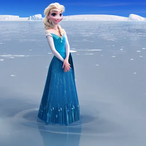 Image similar to elsa from frozen on an isolated peace of ice floating on sea with bright sun in the background struggling with climate change