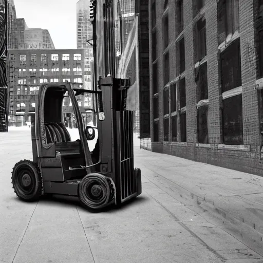 Image similar to photograph of steampunk forklift going downtown