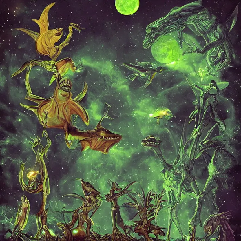 Image similar to extraterrestrial sprites, fairies, and dinosaurs. pulp science fiction. whimsical fantasy art. dark background