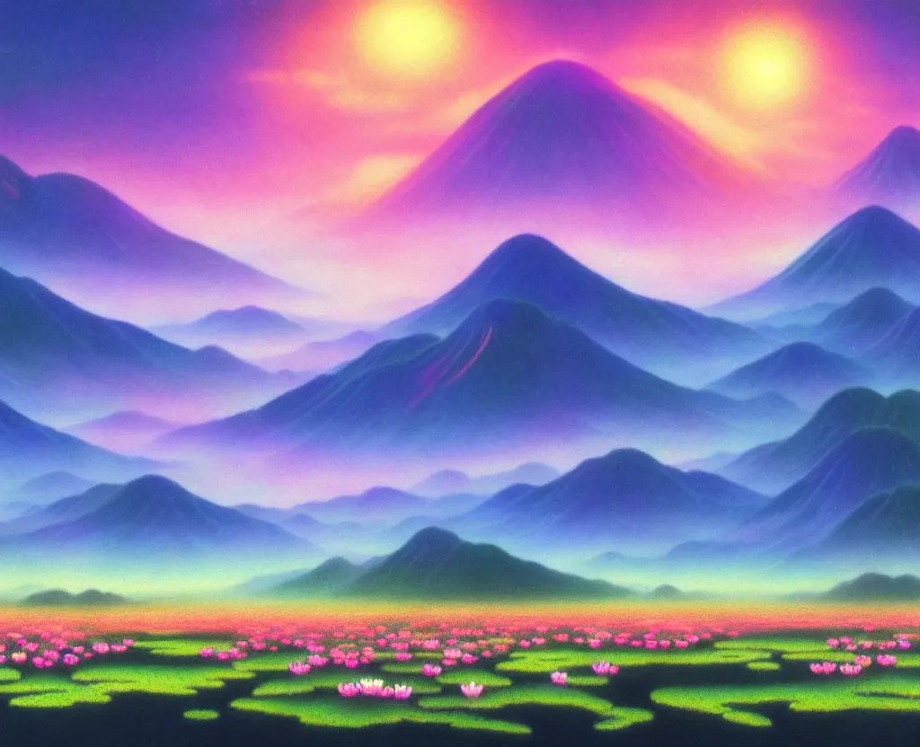 Prompt: a landscape pastel in the style of noriyoshi ohrai and of a field of lotus flowers, glowing with iridescent mana. some misty mountains in the background. key art. 4 k retrofuturistic fantasy