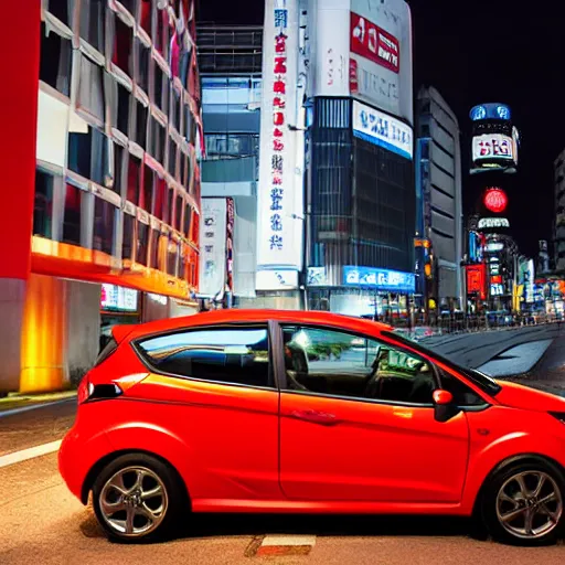 Image similar to red ford fiesta mk 5 zetec in shibuya tokyo, award winning photograph, night time