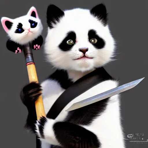 Image similar to cute kitten with panda body and cat face, in a kimono, holds a sword, by greg rutkowski, highly detailed, octane render, 4 k