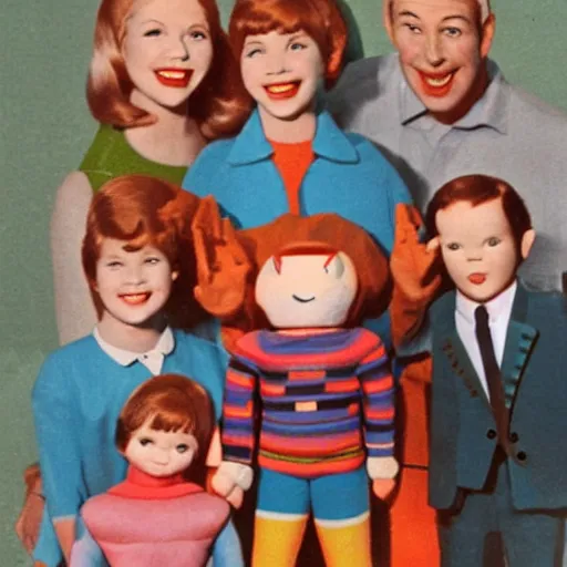 Image similar to creature family photo, toy commercial from the 60s