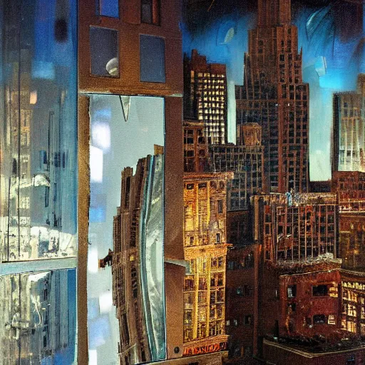 Image similar to photorealistc full - color painting of a broken and distorted mirror reflecting a nightmarish boston downtown skyline in 1 9 2 5 at night with a horrifying sky, aerial view, dark, brooding, night, atmospheric, horror, cosmic, ultra - realistic, smooth, highly detailed by dave dorman