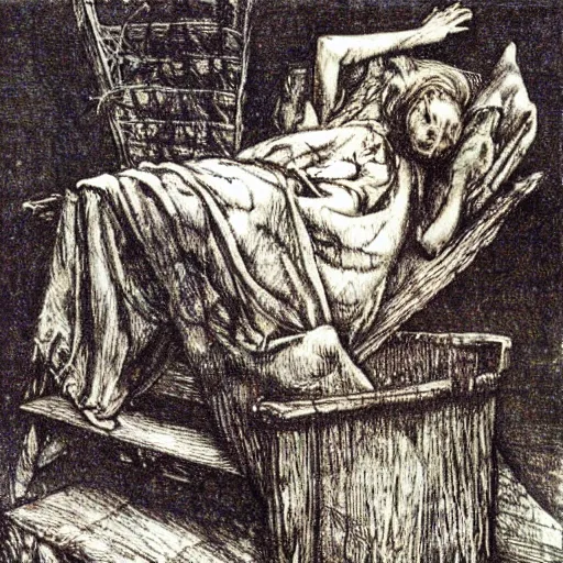 Prompt: Darkness falls again but now I know that twenty centuries of stony sleep were vexed to nightmare by a rocking cradle, painted by Arthur Rackham