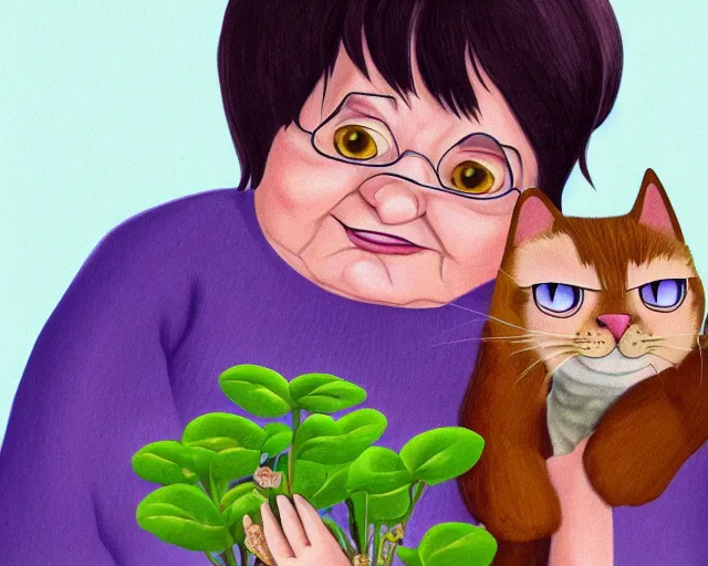 Image similar to detailed cartoon portrait of an old lady and her plant cat, pixar, sharp high quality