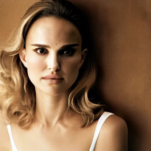 Image similar to a still of natalie portman a beautiful looking off into the distance, wavy medium - length blond hair, beautiful eyes, medium shot, with a soft, natural light falling on her face. the focus is on her eyes and brows, which are perfectly shaped and well - defined. by annie leibowitz