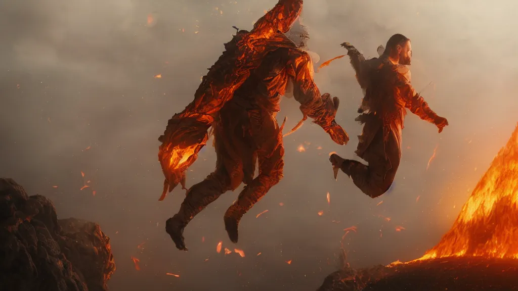 Prompt: a man in white tights flies from volcano and flame, intricate, highly detailed, artstation trending, ray tracing, cinematic, art by andrey surnov, concept art,