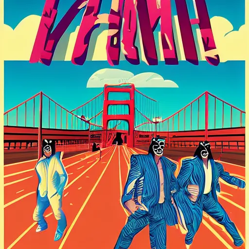 Image similar to Miami Vice themed luchador event on the Golden Gate Bridge; Luchador costume; miami Vice; colors; graphic art; vector graphics; masterpiece illustration comic