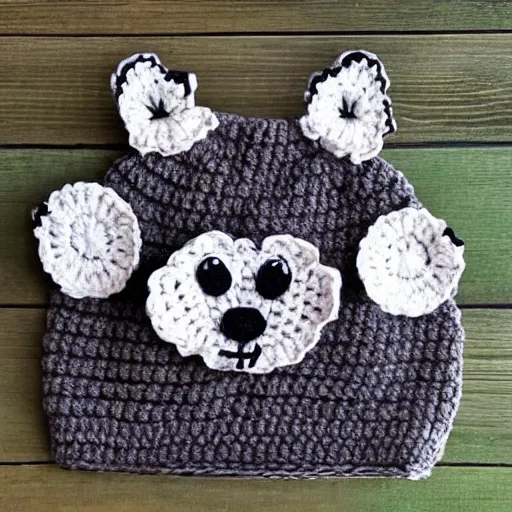 Image similar to a crocheted raccoon hat, very detailed animal hat, cute details, product photo, promotional image