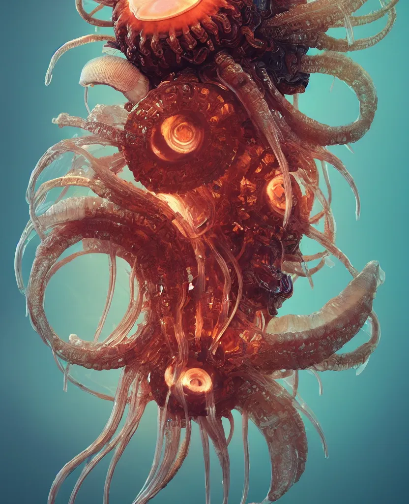 Image similar to goddess close-up portrait ram skull. jellyfish phoenix head, nautilus, orchid, ram skull, betta fish, bioluminiscent creatures, intricate artwork by Tooth Wu and wlop and beeple. octane render, trending on artstation, greg rutkowski very coherent symmetrical artwork. cinematic, hyper realism, high detail, octane render, 8k