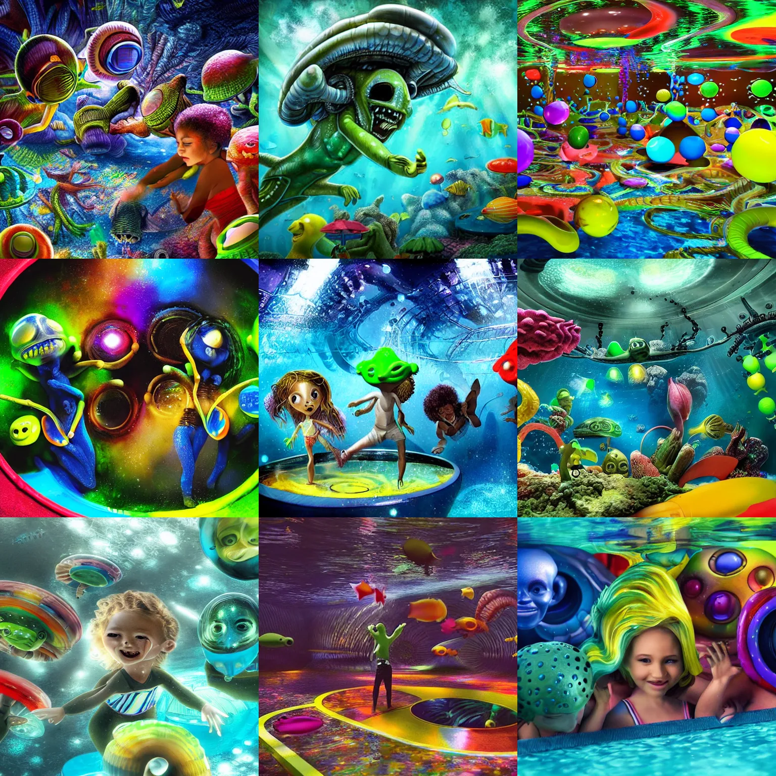 Prompt: aliens of different colors playing in a mind - blowing underwater playground, photorealistic, detailed