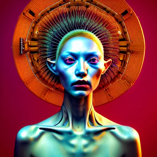 Prompt: Colour aesthetic Caravaggio style full body Photography of Highly detailed beautiful alienWoman with 1000 year old detailed face wearing highly detailed retrofuturistic sci-fi Neural interface designed by Hiromasa Ogura . In style of Josan Gonzalez and Mike Winkelmann and andgreg rutkowski and alphonse muchaand and Caspar David Friedrich and Stephen Hickman and James Gurney and Hiromasa Ogura. Rendered in Blender and Octane Render volumetric natural light