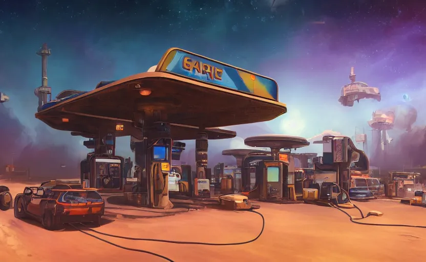 Prompt: gas station in space, 8 k, steampunk, hard edges, zoomed in, very coherent, sharp focus, rim light, exquisite lighting, hard edges, sci - fi, print, cinematic, game art, soft painting, trending on artstation