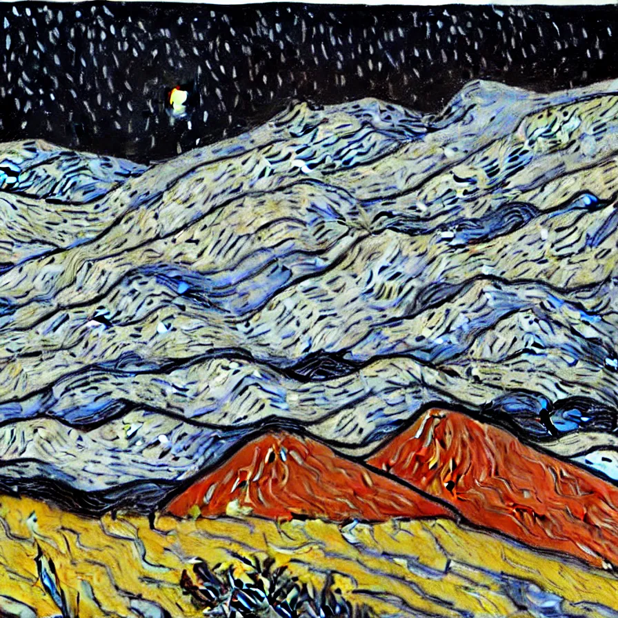 Image similar to thick impasto textured oil black and white painting of the laurentian appalachian mountains in winter by vincent van gogh, unique, original and creative landscape, snowy night, distant town lights, aurora borealis, deers and ravens, footsteps in the snow, brilliant composition