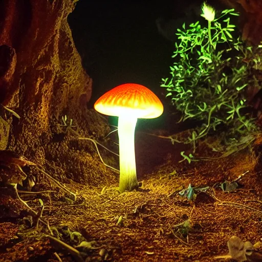 Image similar to glowing mushroom on an alter in canyon, red cliffs, at night