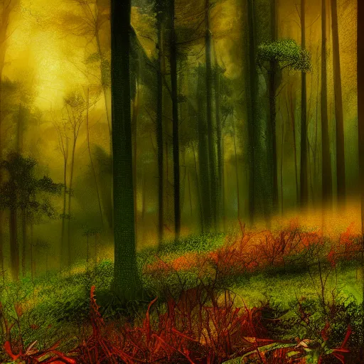 Prompt: a fiery orchid in a misty forest, light colors, digital art,