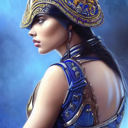 Prompt: an attractive young female wearing an blue ornate metallic helmet, adriana lima, olive skin, long dark hair, beautiful bone structure, intricate, elegant, highly detailed, digital painting, artstation, concept art, smooth, sharp focus, illustration, art by artgerm and greg rutkowski and alphonse mucha