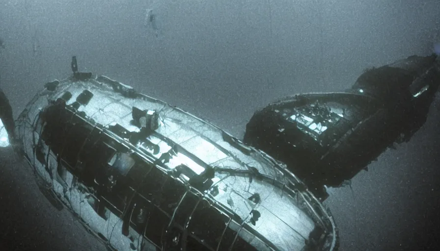 Image similar to Big budget horror movie, a submarine approaches an underwater biolab, deep in the ocean, dark and gloomy