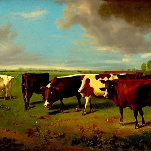 Prompt: herding cows. douanier rousseau style. douanier rousseau style. vibrant. amazing painting. beautiful. high resolution. highly realistic. cool tones. close - up.