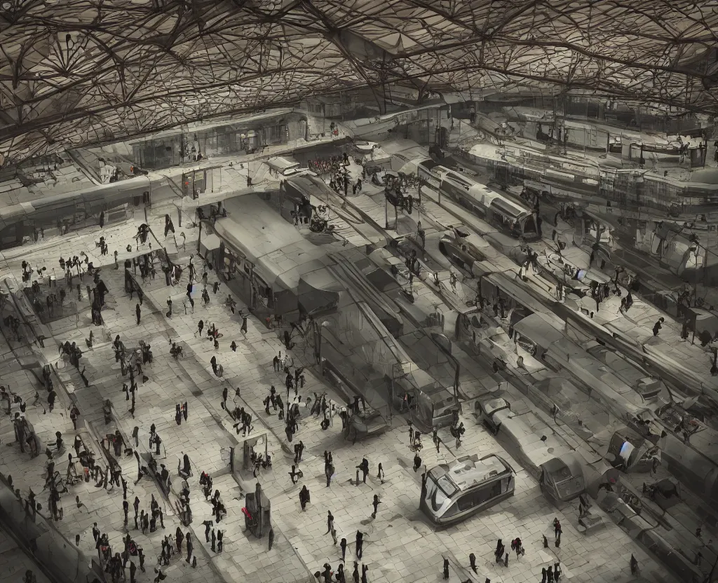 Prompt: french train station, interior, floating trains, floating people, floating objects, cinematic, surreal, octane render, cinematography