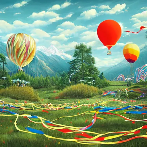 Prompt: inflatable landscape with forest, river and mountains in the middle of the frame colossal balloon surrounded by colorful ribbons and party confetti , concept art, huge scale, high detail, sci fi by James Jean