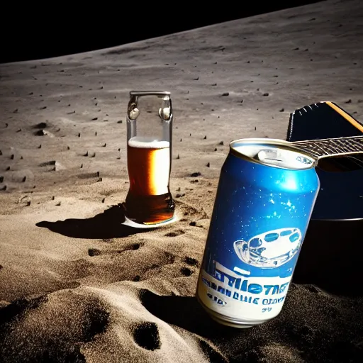 Prompt: a photo of a detailed, realistic, regular sized, sitting idle fender electric guitar next to a sitting idle beer can with an astronaut sitting down on the moon surface. detailed photo. realistic photo. cinematic. cinematic shot