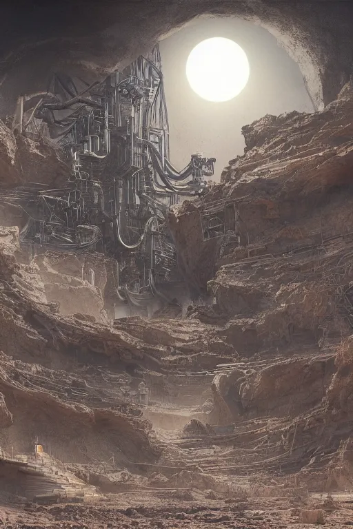 Image similar to industrial minning entrance in a quarry in the middle of the desert of Mars planet at night dust storm concept art by yoshitaka amano and H.R. Giger, intricate detail, 8k, featured art