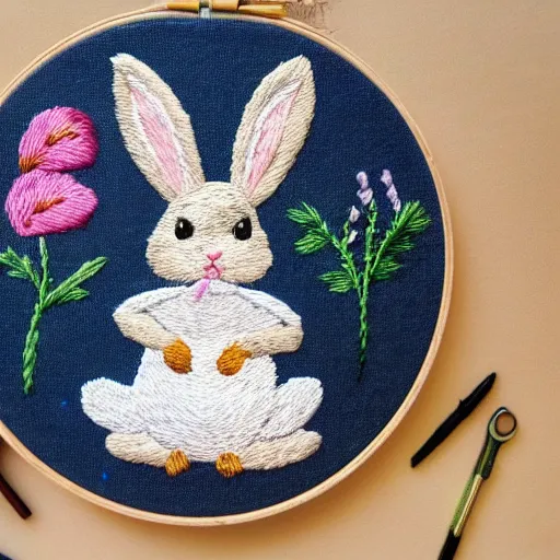 Prompt: adorable skilled intricate hand embroidery of a cute bunny