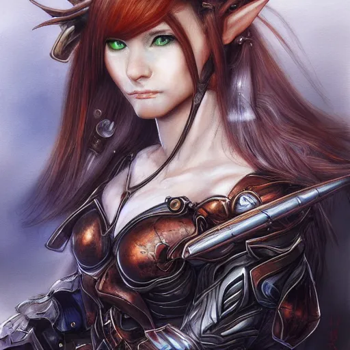 Image similar to portrait of a female elf orc by ayami kojima, she is about 2 0 years old, american pretty, copper hair, annoying but friendly, she is wearing a modern tactical gear, scifi, highly detailed portrait, digital painting, artstation, concept art, smooth, sharp foccus ilustration, artstation hq