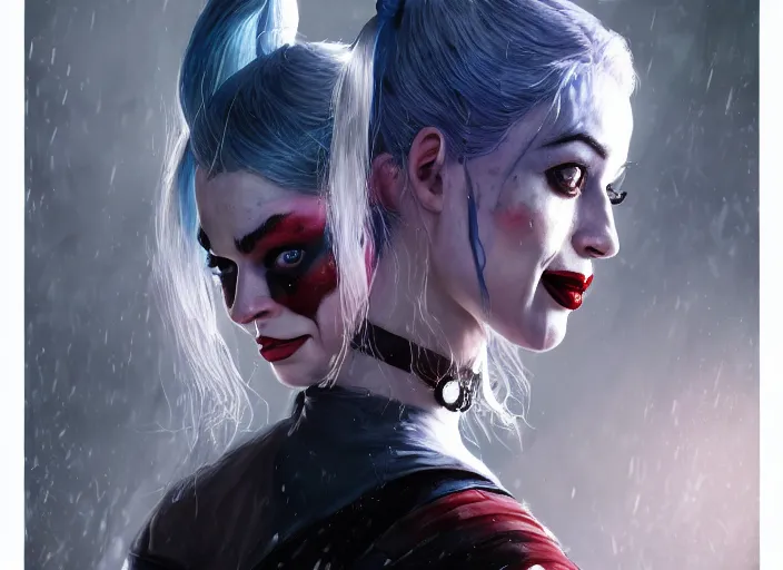 Image similar to highly detailed portrait of a beautiful harley quinn, in batman : arkham asylum, stephen bliss, 8 k, unreal engine, fantasy art by greg rutkowski, loish, rhads, ferdinand knab, makoto shinkai and lois van baarle, ilya kuvshinov, rossdraws, tom bagshaw, global illumination, radiant light, detailed and intricate environment