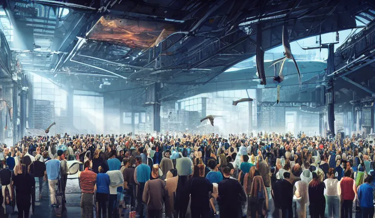 Image similar to large group people in simple warehouse, looking at hologram of futuristic city on a table, cinematic concept art, godrays, golden hour, natural sunlight, 4 k, clear details, tabletop model buildings, center model buildings, hologram center, crane shot, crane shot, crane shot