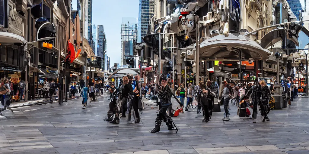 Image similar to A photo of mechanical futuristic robots walking along Rundle Mall in Adelaide, Australia, High detail, realistic photo