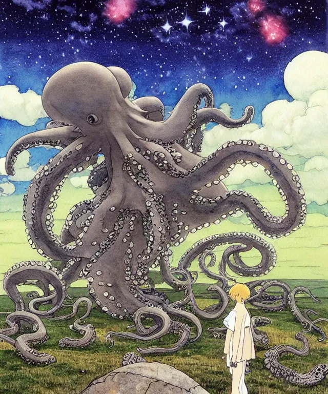 Image similar to a hyperrealist studio ghibli watercolor fantasy concept art. in the foreground is a giant grey octopus lifting an immense stone. the background is stonehenge with a starry sky. by rebecca guay, michael kaluta, charles vess