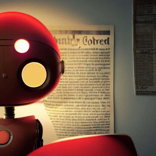 Image similar to futuristic lonely matte brown and red full-body humanoid robot with two huge round expressive sad LED eyes and open rectangular mouth sitting on a large comfortable cushioned 1950s vintage recliner reading a newspaper. open newspaper. Cinematic Lighting, Cinematic Movie Photograph, Arri Alexa, Extremely Detailed, smooth, very very clean, 8K, octane render, maya render, unreal engine, trending on artstation, DSLR, excellent composition, center frame