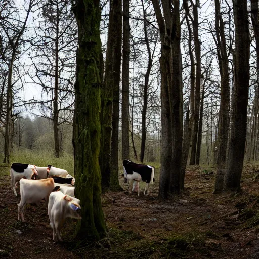 Prompt: DLSR photograph of several cows looking at the camera, in creepy forest, night-time, low lighting, eyes glinting