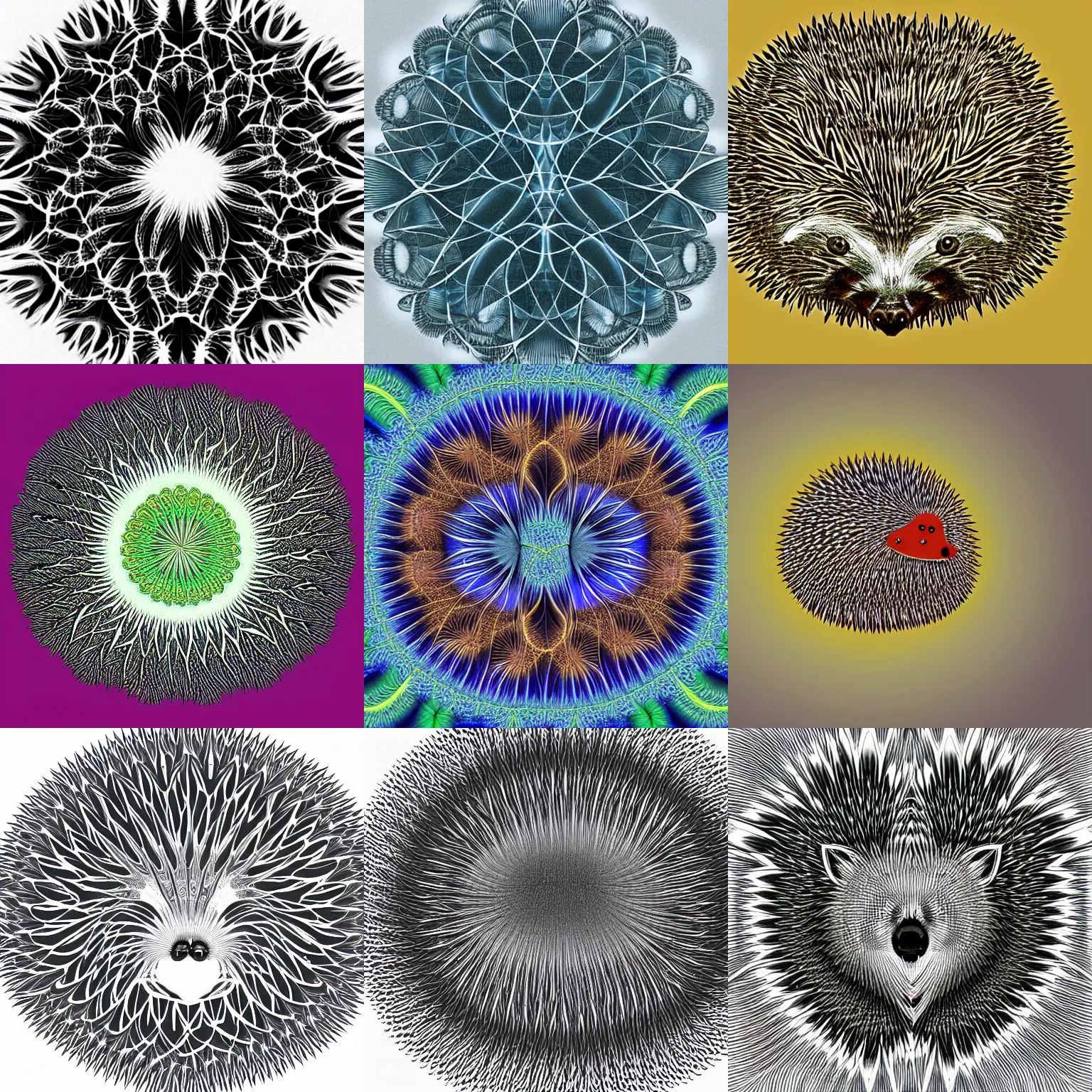 Prompt: hedgehog fractal, abstract art, drawn by a college student,