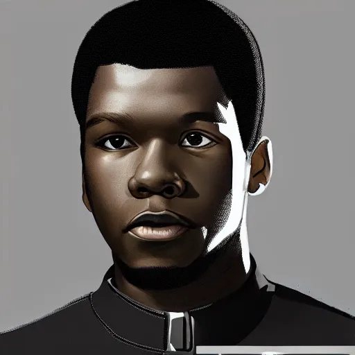 Prompt: a man who looks like a mixture between John Boyega, Shameik Moore and young Denzel Washington, wearing white and black utilitarian jumpsuit, scifi, highly detailed portrait, digital painting, artstation, concept art, smooth, sharp foccus ilustration, Artstation HQ.