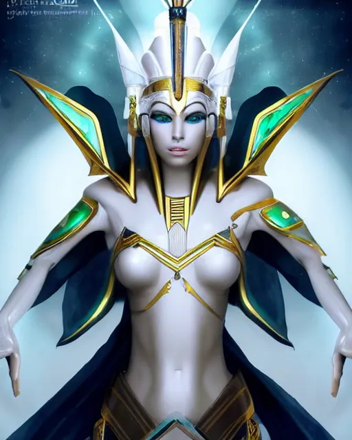 Prompt: perfect white haired attractive egyptian goddess with green eyes, warframe armor, pharaoh headdress, beautiful, symmetric, dreamy, half asian, pretty face, charlize theron, detailed, scifi platform, laboratory, experiment, 4 k, ultra realistic, epic lighting, android body, illuminated, cinematic, masterpiece, art by akihito tsukushi, voidstar