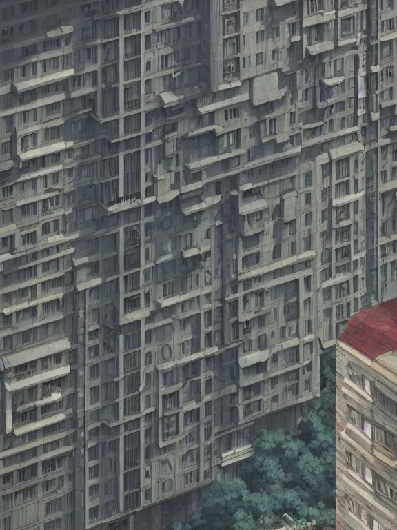 Prompt: A highly detailed matte painting of Soviet apartment building by Studio Ghibli, Makoto Shinkai, by Artgerm, by WLOP, by Greg Rutkowski, volumetric lighting, octane render, 4K resolution, trending on artstation, masterpiece