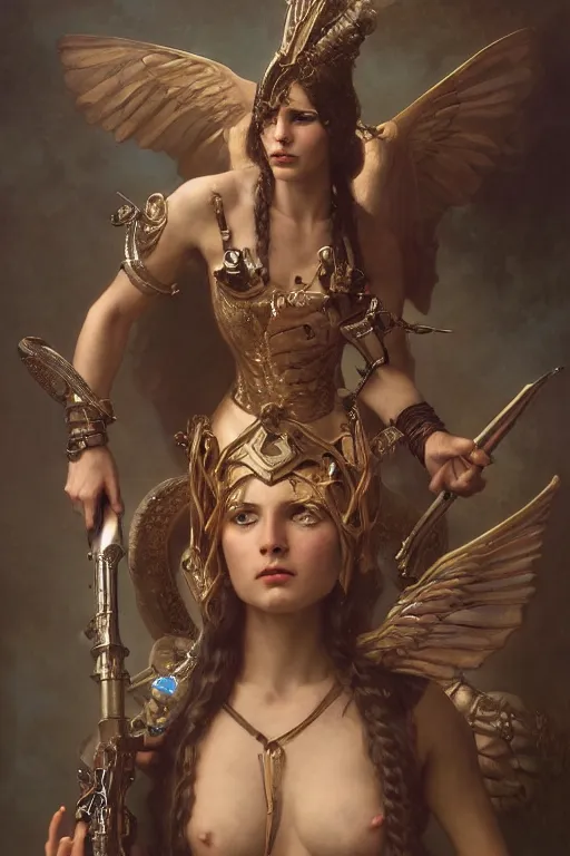 Image similar to Mystical Valkyrie, Portrait of a beautiful female Reptilian warrior, Regal, Realistic, Refined, Detailed Digital Art, Oil Painting, William-Adolphe Bouguereau, Art Frahm, Esao Andrews, Steampunk, Walt Disney (1937), Highly Detailed, Cinematic Lighting, Unreal Engine, 8k, HD