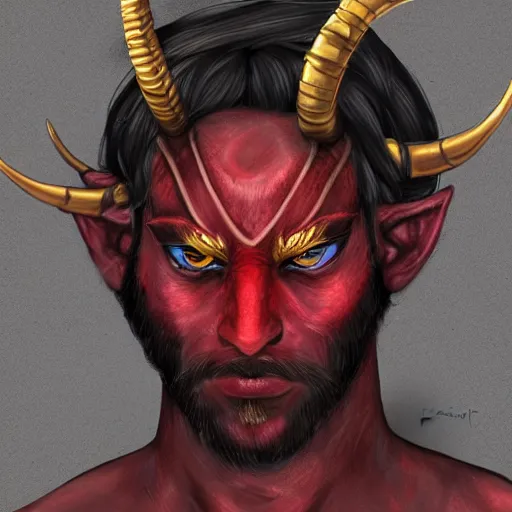 Image similar to dnd style portrait of a tiefling, male, red scales, red skin, a big black beard, completely golden eyes, 2 black ram horns growing out of his forehead,