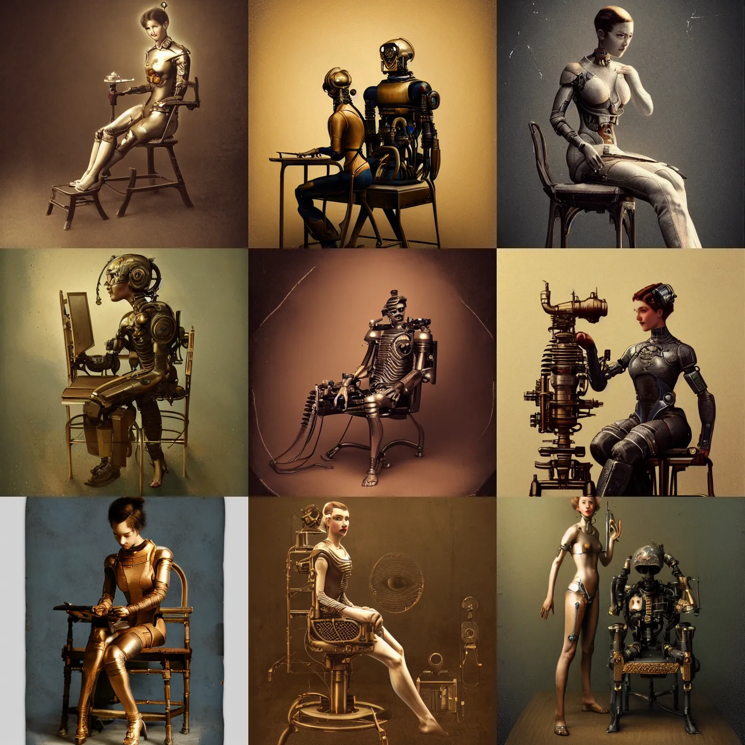 Prompt: a beautiful ultradetailed fine art old vintage photo of a cyborg sitting on a chair and partner cyborg standing, by tom bagshaw, vignette, 35mm lens, golden ratio composition, studio photography, very detailed, artstation, 8k, highly coherent