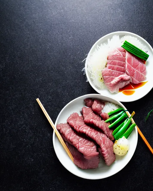 Image similar to realistic photo of delicious yakiniku, bowl, white kitchen table, cloth, marble, highly detailed, by louise lister, sara ali, mary devinat, kailee mandel, masterpiece, award winning, food photography