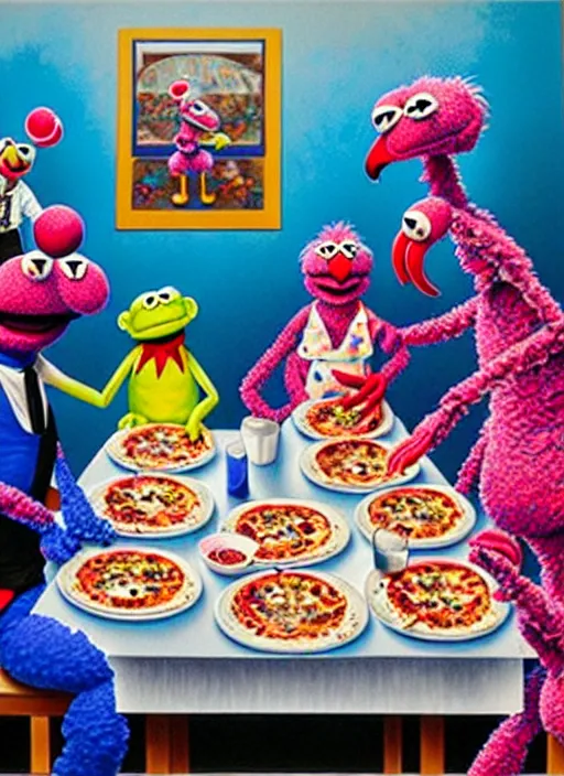 Image similar to hyper detailed painting of an muppet family in japanese clothes in an old italian restaurant eating flamingo pizza and drinking blue wine by Bel Fullana, Rhys Lee, Storm Thorgerson, and Danny Fox, neo expressionism art, semi naive, rich deep colors. Allison Schulnik painting, part by Adrian Ghenie and Gottfried Helnwein. art by Ron Mueck. masterpiece